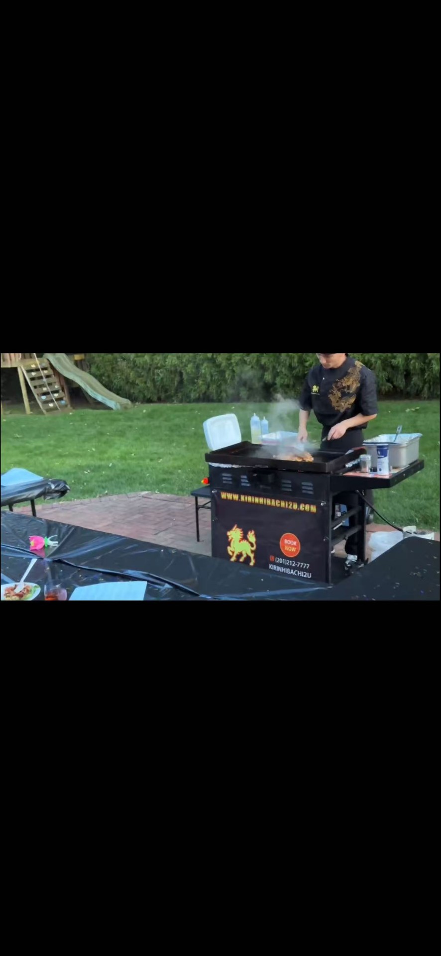 Kirin Hibachi2U chef grilling on the Blackstone in a backyard