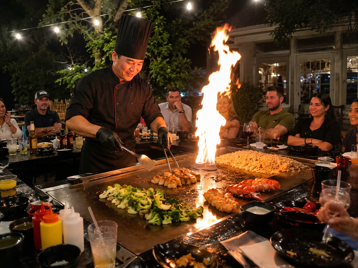 Close-up of a private hibachi chef cooking on a teppanyaki grill with a large flame, fresh steak, shrimp, lobster, and vegetables, while smiling guests enjoy the live in-home hibachi experience in a luxury backyard