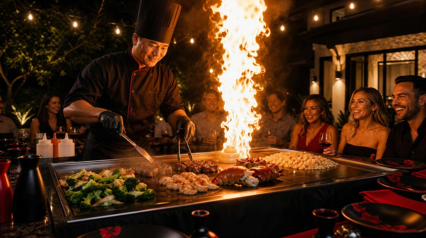 Close-up of a private hibachi chef cooking on a teppanyaki grill with a large flame, fresh steak, shrimp, lobster, and vegetables, while smiling guests enjoy the live in-home hibachi experience in a luxury backyard