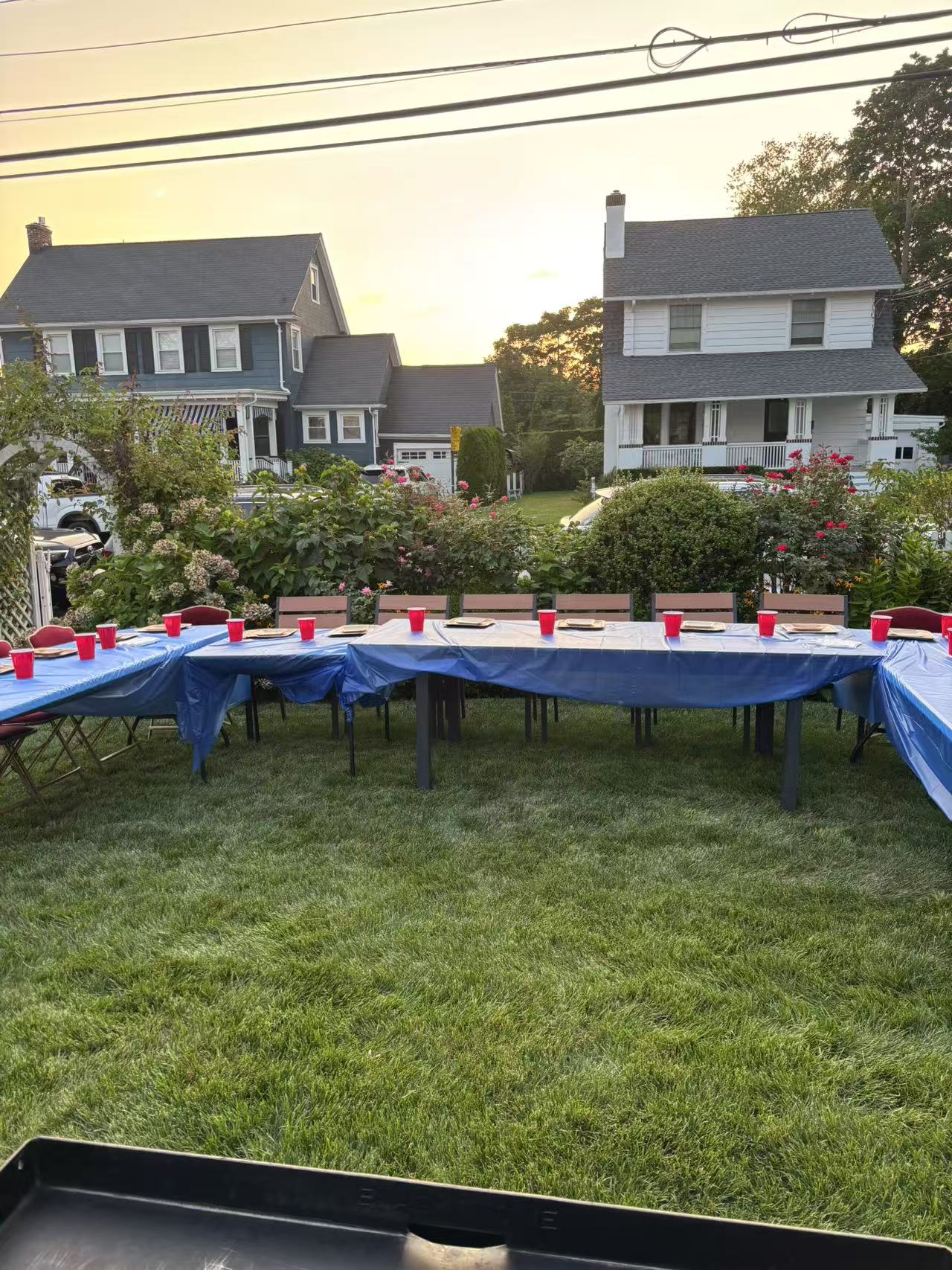 Outdoor hibachi setup in a backyard party